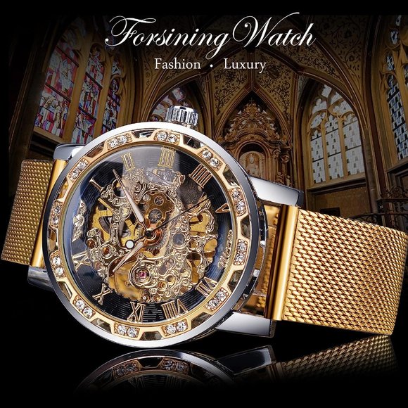 Retro Manual Mechanical Skeleton Watch with Diamond and Carving Flower, Gold-W - Picture 2 of 6